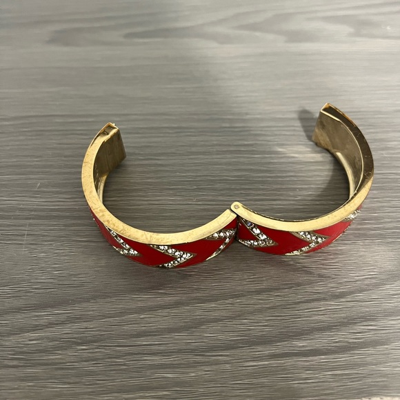 Ann Taylor Gold & Enamel Bangle Bracelet, Red Pink with CZ Diamonds, Chevron - Picture 6 of 7